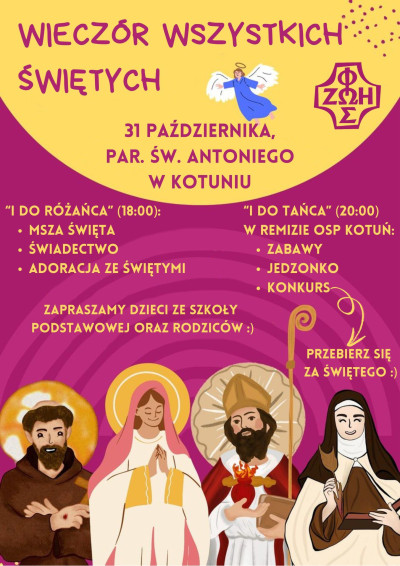 W czwartek 31 października zapraszamy dzieci ze szkół podstawowych i ich rodziców na „Bal Świętych”