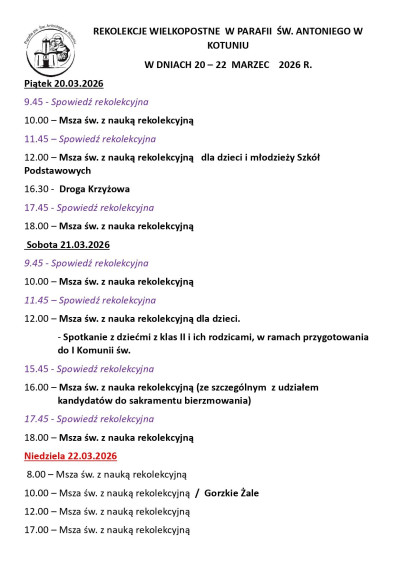 Program rekolekcji wielkopostnych 2026 r.